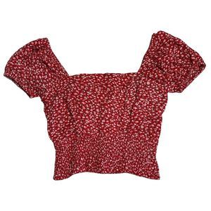 Sim & Sam Women's Red‎ Cropped Top Small Lace Up Back Blouse Peasant Shirt Puff